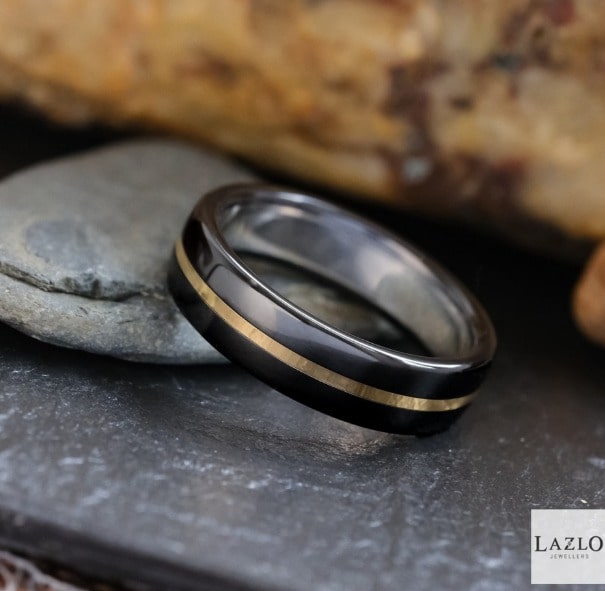 Black Zirconium Ring With Gold Wave Design
